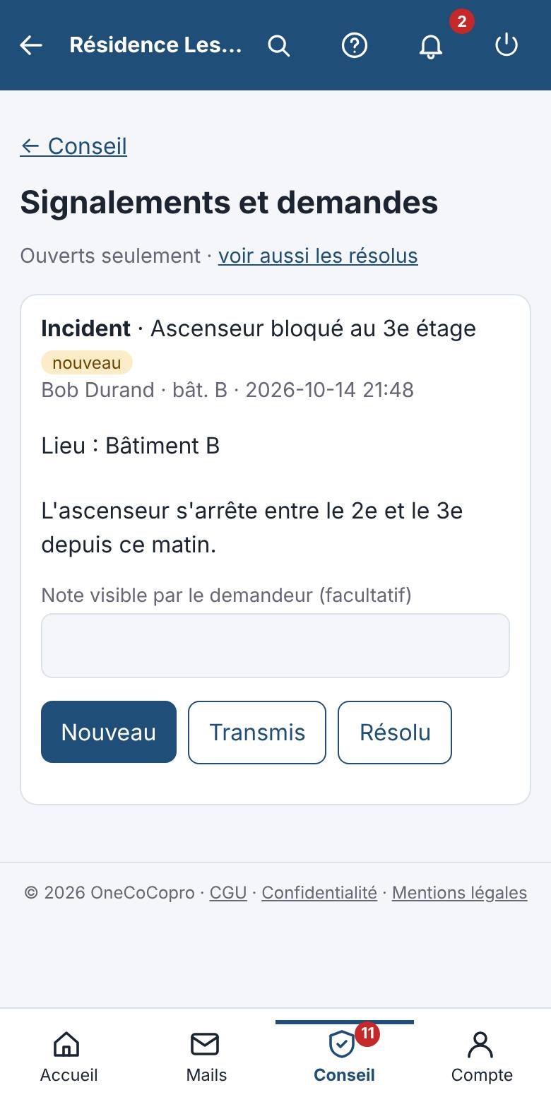 Les signalements à traiter, avec le lieu et l'auteur.