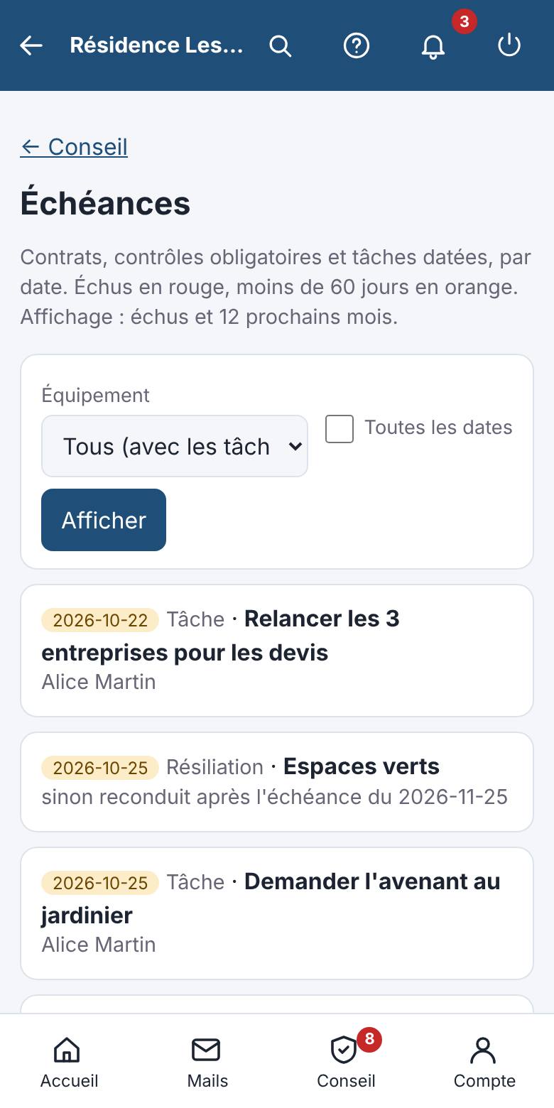 Contrats, contrôles et tâches sur une seule liste.