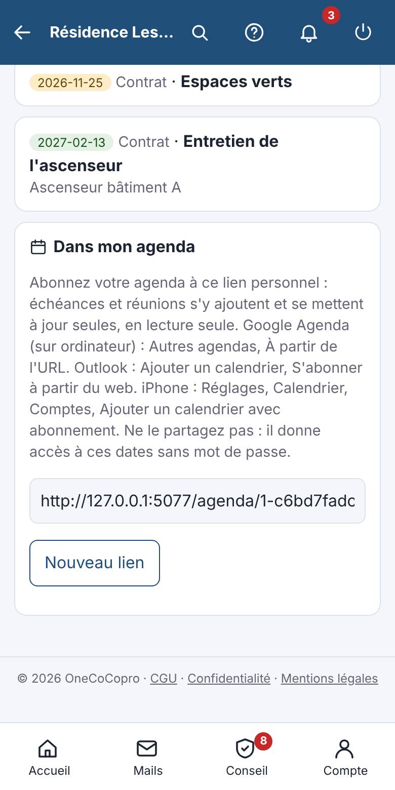 Un lien personnel ajoute ces dates à l'agenda du téléphone.