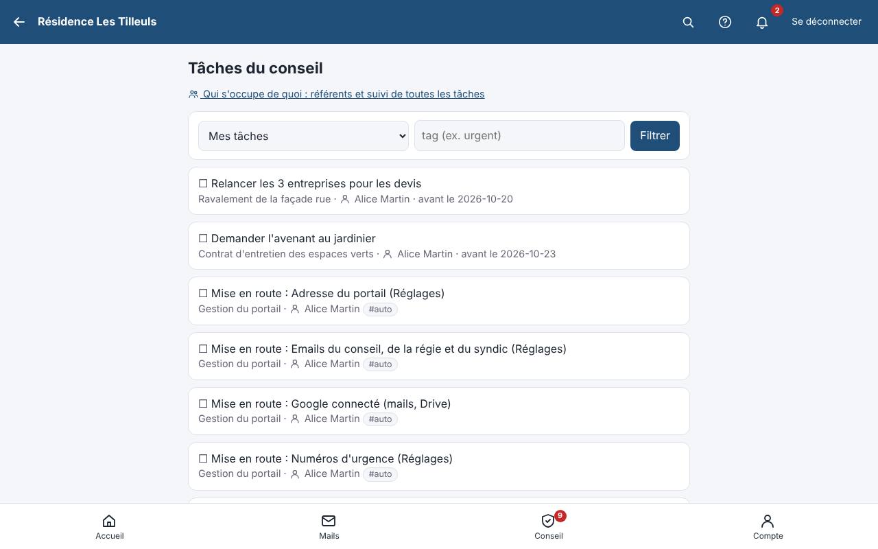 Les tâches de chacun, avec échéance et rappel.