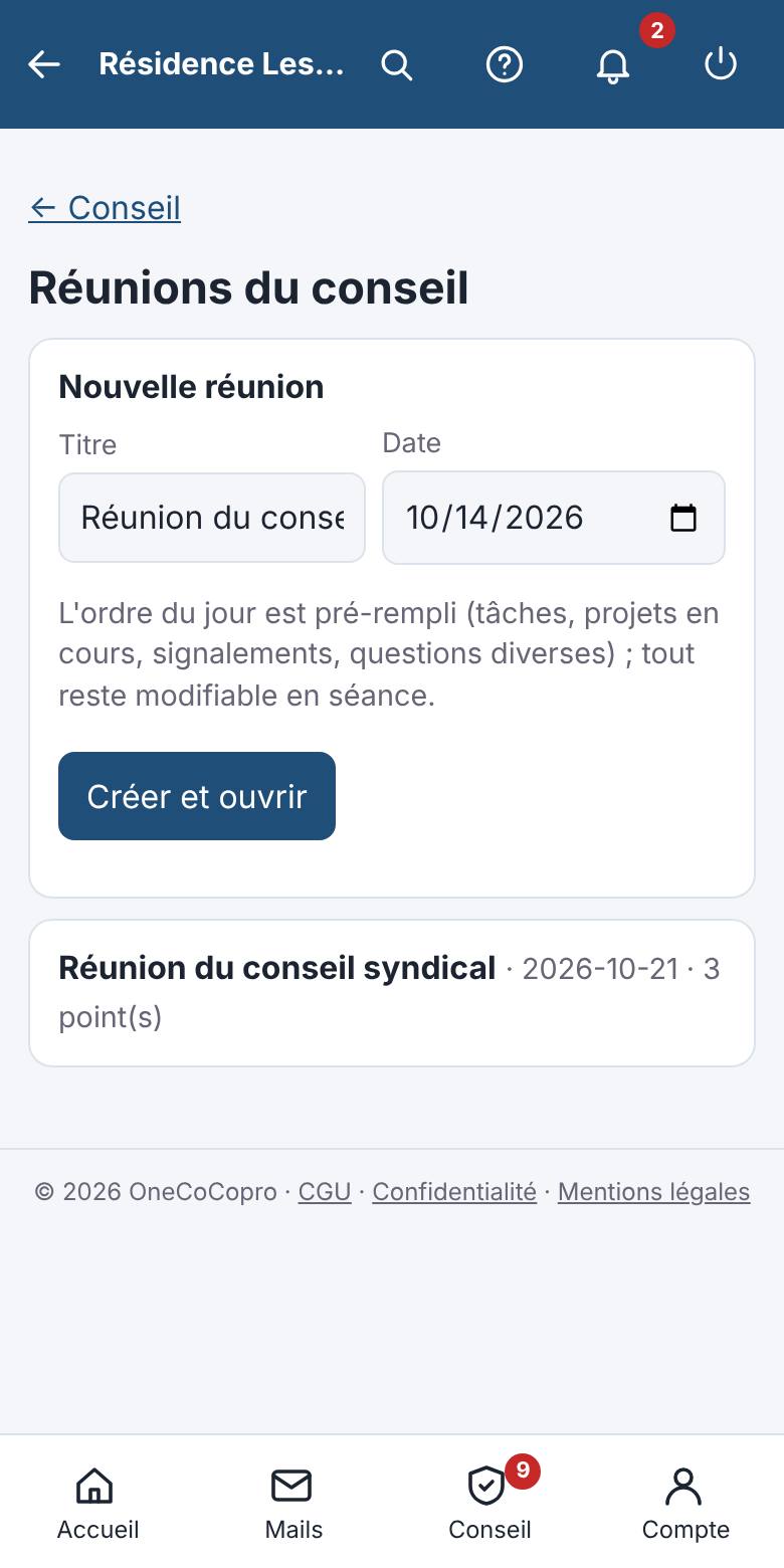 Les réunions du conseil, à venir et passées.