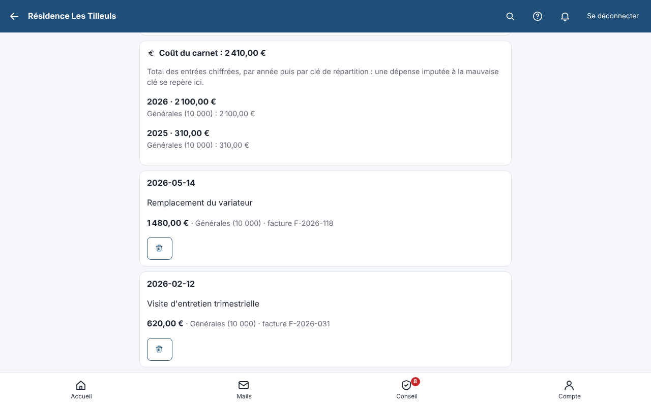 Coût d'un équipement dans le carnet d'entretien